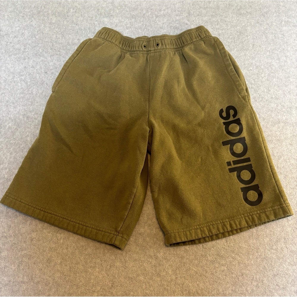 Adidas Mens Small Olive Green Fleece Shorts Logo Graphic Athletic Casual Lounge